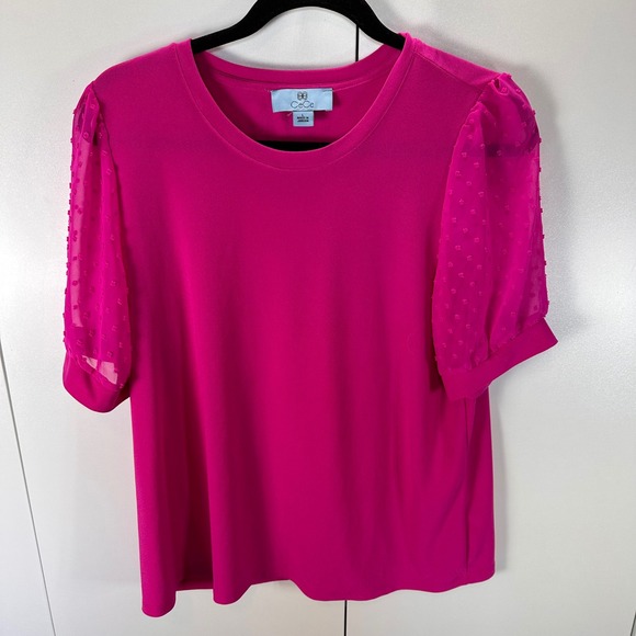 CeCe Women's Pink Dot Chiffon Sleeve Top Crew Neck Blouse Size L - Picture 1 of 5